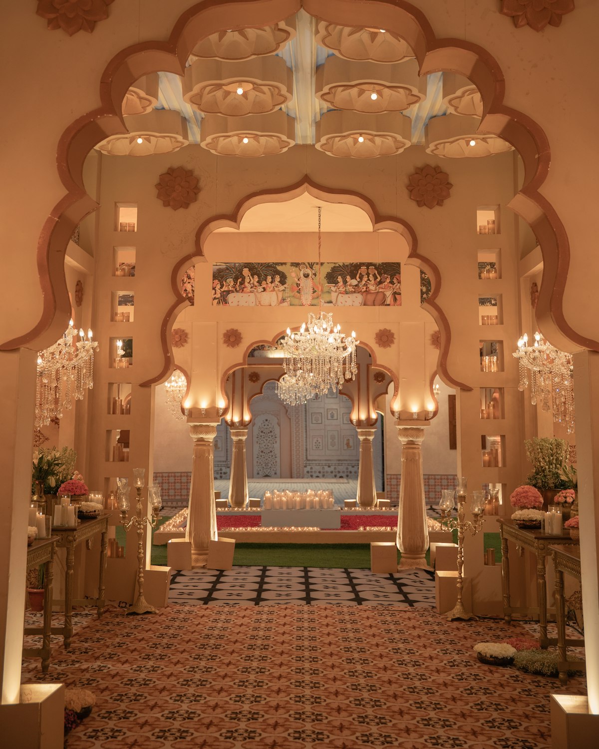 An ornate, empty palace hall in Jaipur, access beyond the public itinerary